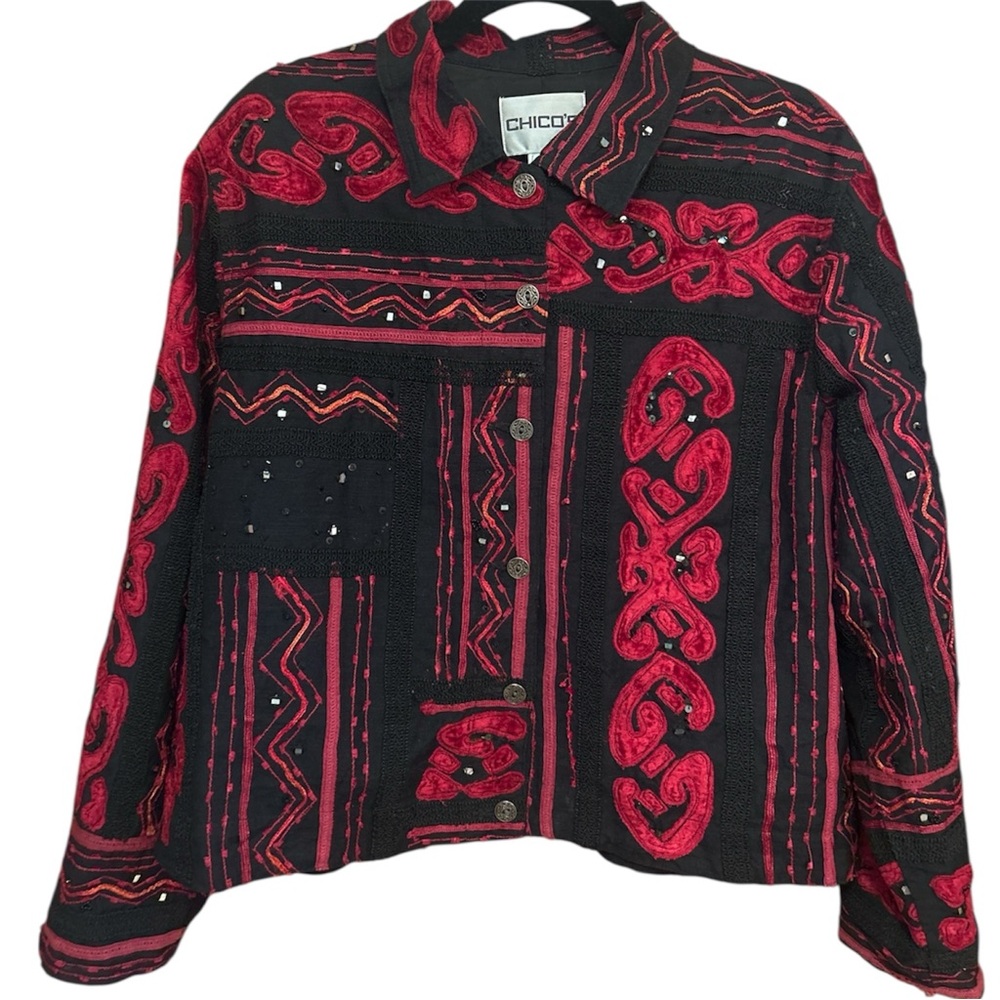 Chico’s Red Black Embroidered Velvet Applique Jacket
